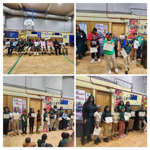 Students seated in gym, students receiving an award, students posing with teacher with award